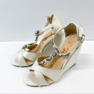 FSJ Women Wedges T-Strap Rhinestone Open Toe High Heels Sandals Wedding Shoes